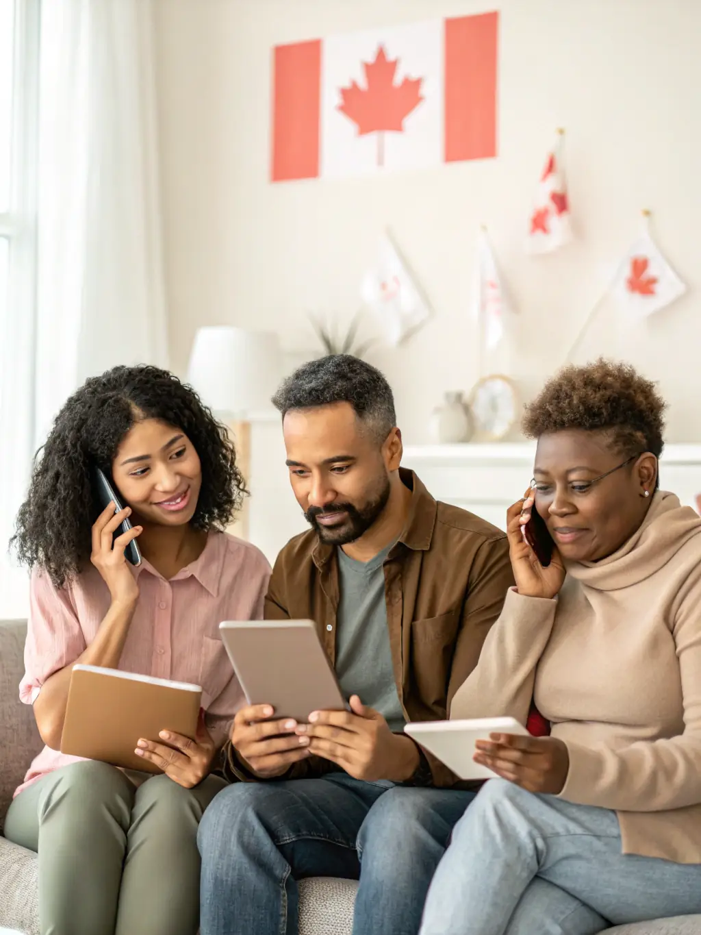 A supportive image of diverse individuals connecting through a Canadian mental health helpline, emphasizing community and immediate assistance.